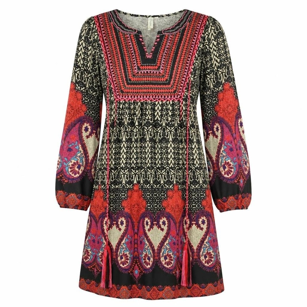Sahalie Dress Womens Petite L Paisley Tassel Tie Neck Long Sleeve Boho Lagenlook